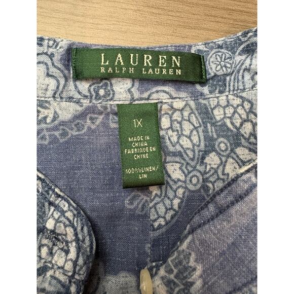 Lauren Ralph Lauren Top Linen 3/4 Sleeve Floral Boho Cottage Coastal Blue 1X - Picture 4 of 13